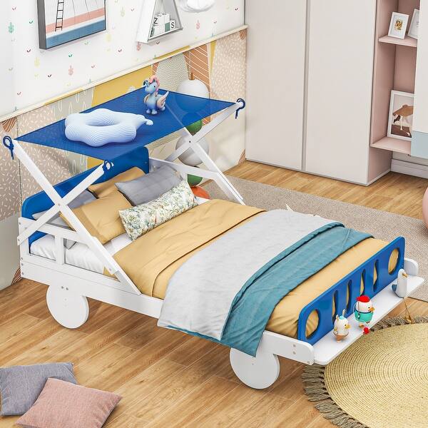 slide 2 of 6, Wood Twin Size Car Bed with Ceiling Cloth and Storage Shelf - Fun Playful Design, Durable Frame, Easy Assembly White+Blue