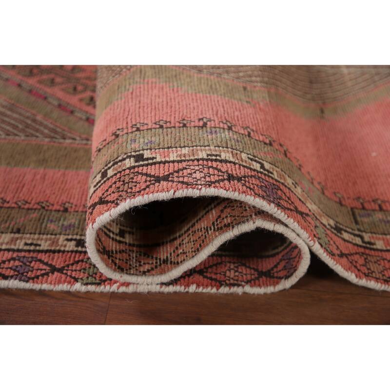 Pink Geometric Sirjan Persian Runner Rug Vintage Handmade Wool Carpet - 3'4" x 12'3"