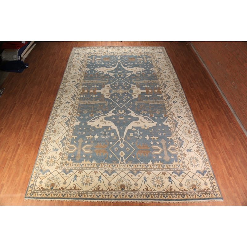 All-Over Blue & Ivory Oushak Indian Large Rug Hand-Knotted Wool Carpet - 13'1"x 20'7"