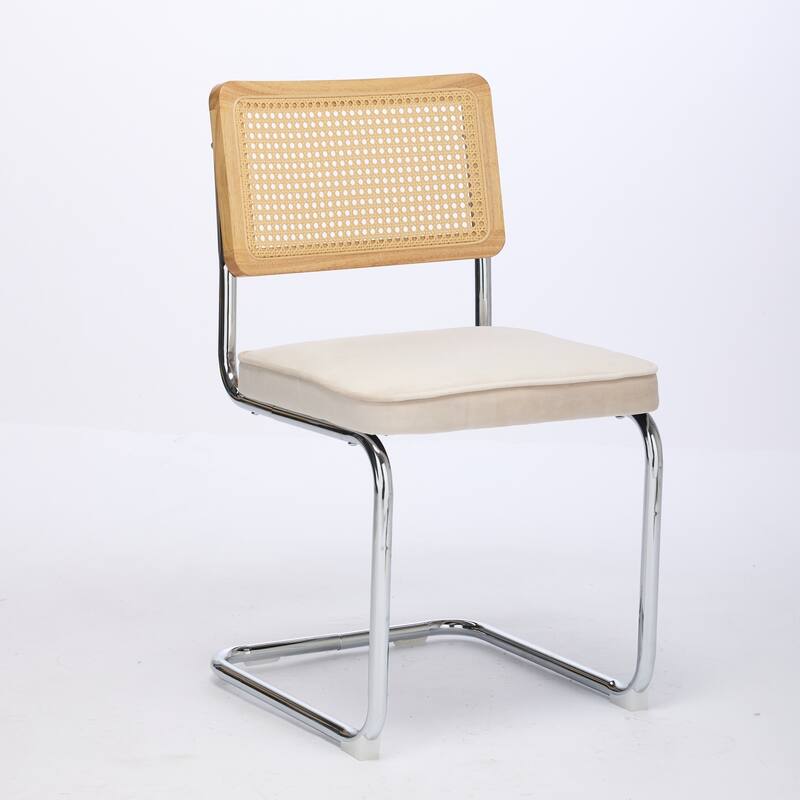 Mid-Century Modern Dining Chairs with Rattan Back and Stainless Chrome Base - Set of 2