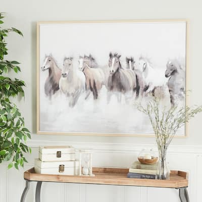 Gray Canvas Horse Framed Wall Art with Brown Frame