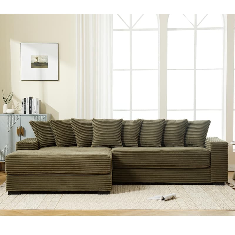 Oversized Green Corduroy L Shaped Two-Piece Sofa with Armrests and Eight Throw Pillows