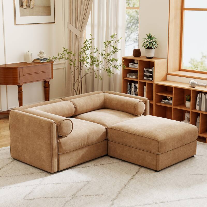 Modern Chenille 6-Seater Sofa with Ottoman Storage, Hidden Storage, Cylindrical Cushioned Arms and Backrest