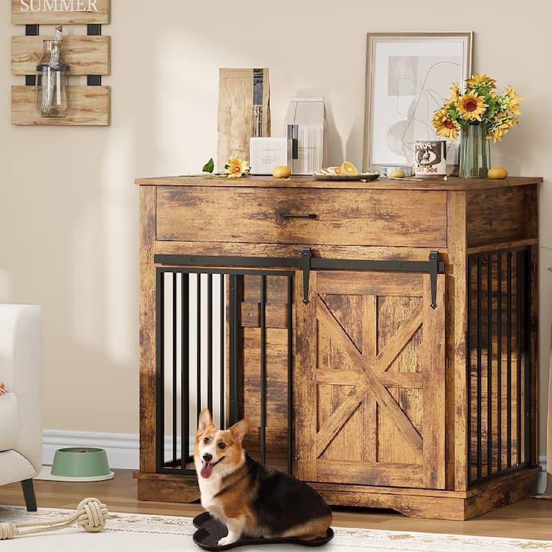 2-in-1 Dog Crate Furniture, Farmhouse Dogs Kennel for Small Medium Dogs