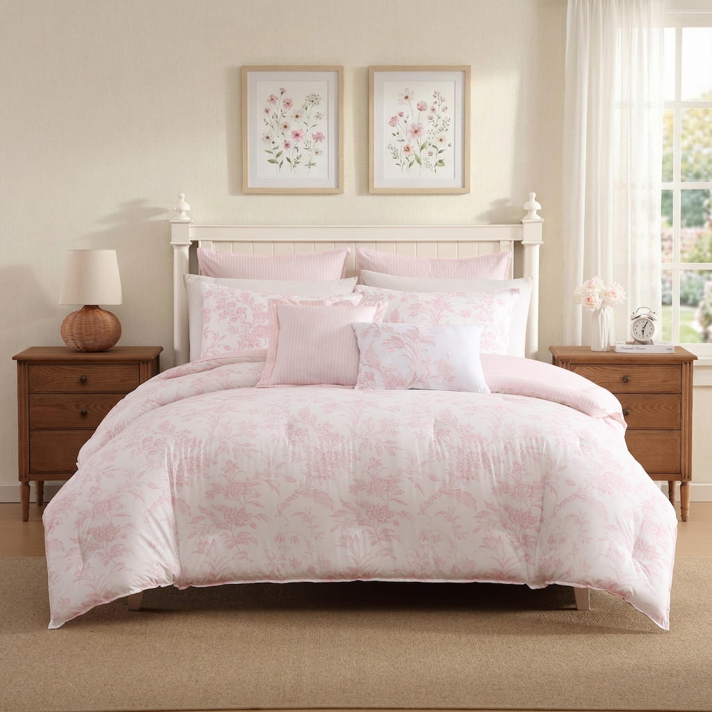 Laura Ashley Natalie Cotton Reversible Pink Comforter Bonus Set