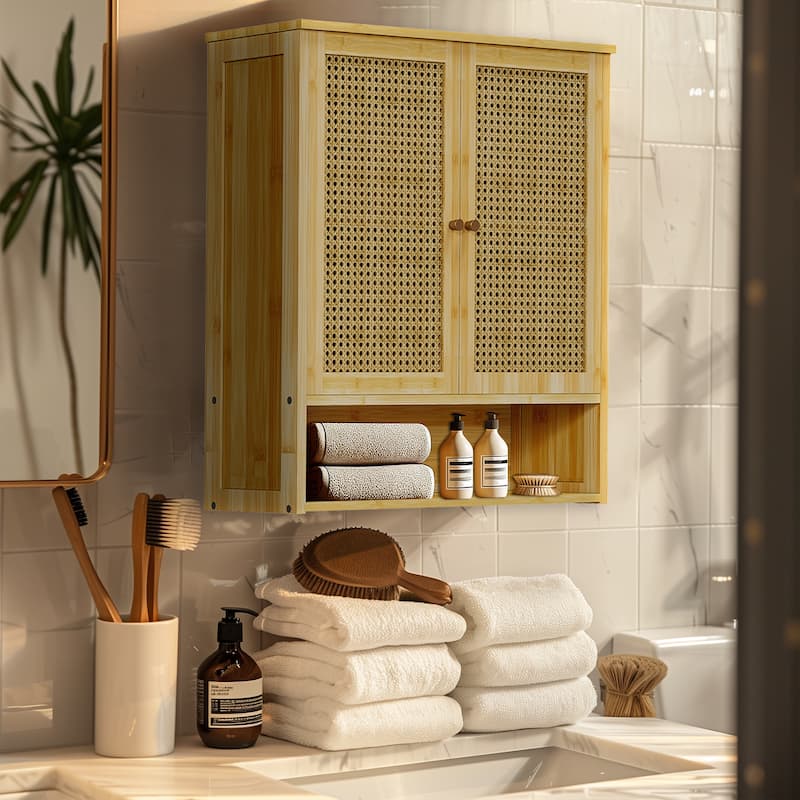 Floating Rattan Bamboo Bathroom Wall Cabinet Storage Cupboard