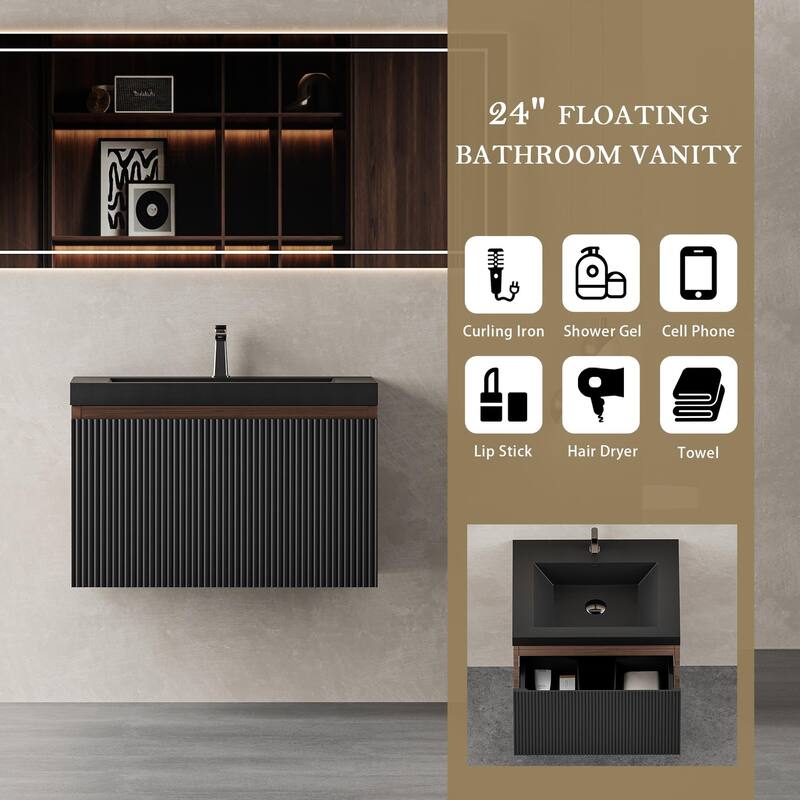 24''/30''/36''/42'' Floating Vanity,Smoked Walnut Storage Cabinet with Soft-Close Drawers,Black Quartz Sand Sink,Wall-Mounted