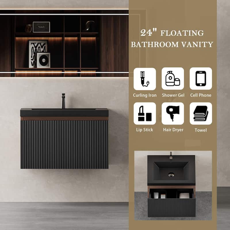 24'' Floating Bathroom Vanity with Sink Combo, Modern Wall-Mounted Striped Bathroom Storage Cabinet with Soft-Close Drawers