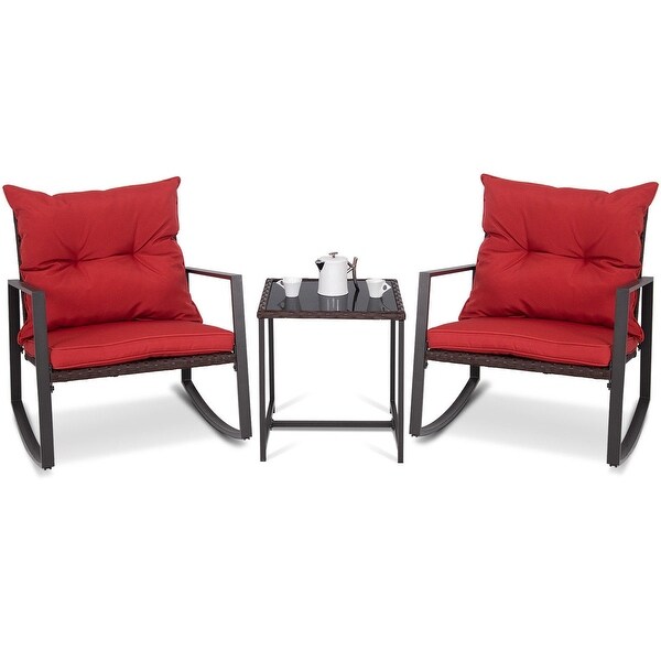 3 PCS Patio Rocking Wicker Bistro Set Outdoor Rattan Wicker Set w/ Beige Cushion - Wine
