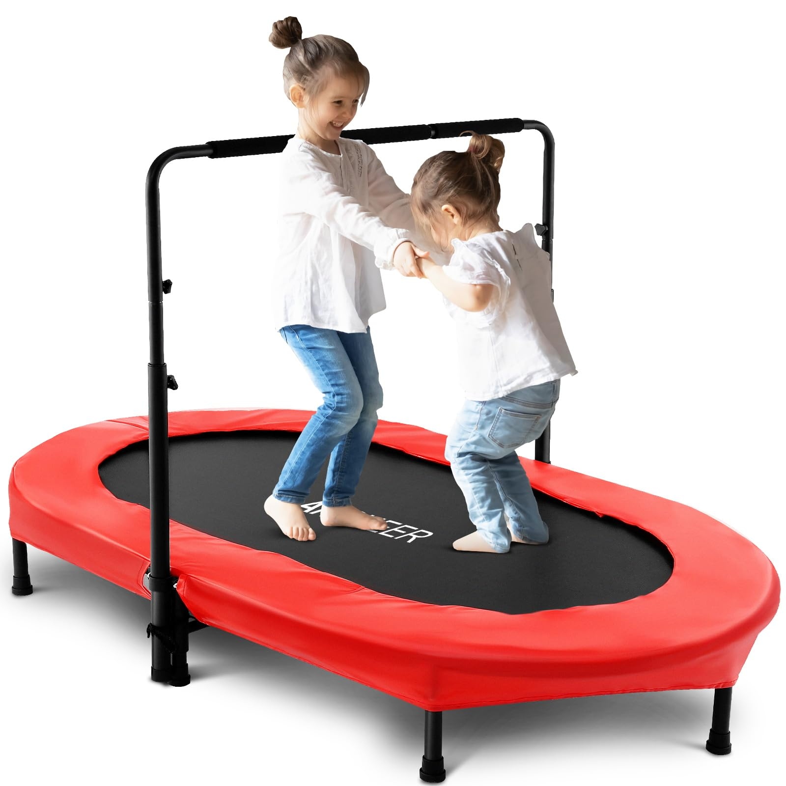 Kids Indoor Trampoline 56 Foldable Mini Trampoline w Handle Bar DoubleTrampoline with Reinforced Stitching Rubber Feet Red