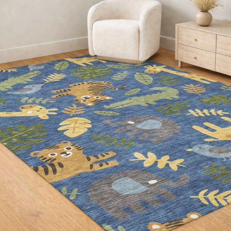 Machine Washable Indoor/ Outdoor Whimsy Safari Animals Chantille Rug