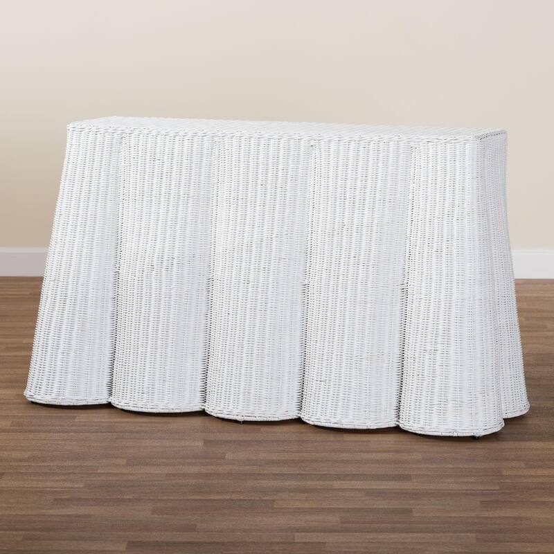 Palm Scallop Natural Rattan Console Table – Handwoven Wicker Accent Table for Hallway or Entryway, Coastal Décor, Rectangle