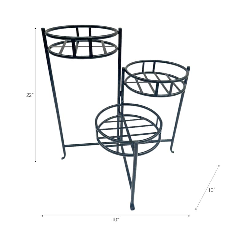 Metal Plant Stand 3-Tier Round Grid Design Powder-Coated - 22" Black - 10" x 10" x 22"