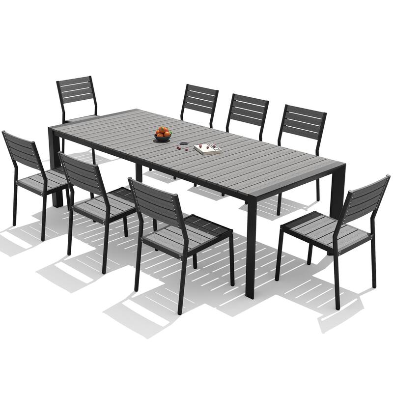 9-Piece Outdoor Patio Dining Set Wood Like Table Top Aluminum Rectangular Umbrella Hole Table with Stackable Dining Chairs