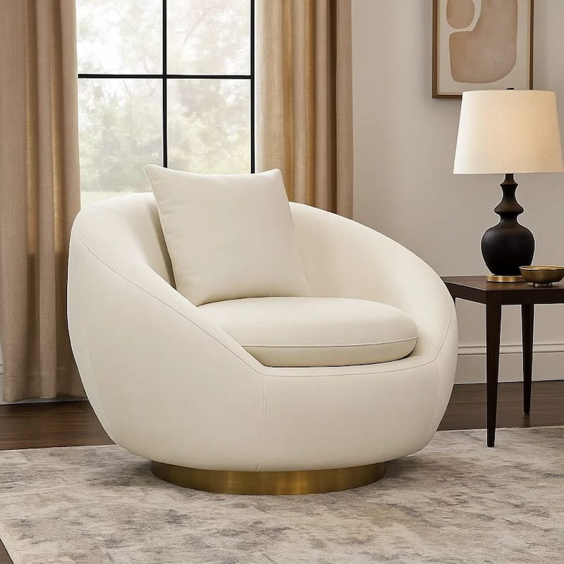 Dela Swivel Accent Chair with Pillow, Cream Velvet, Brushed Gold Base