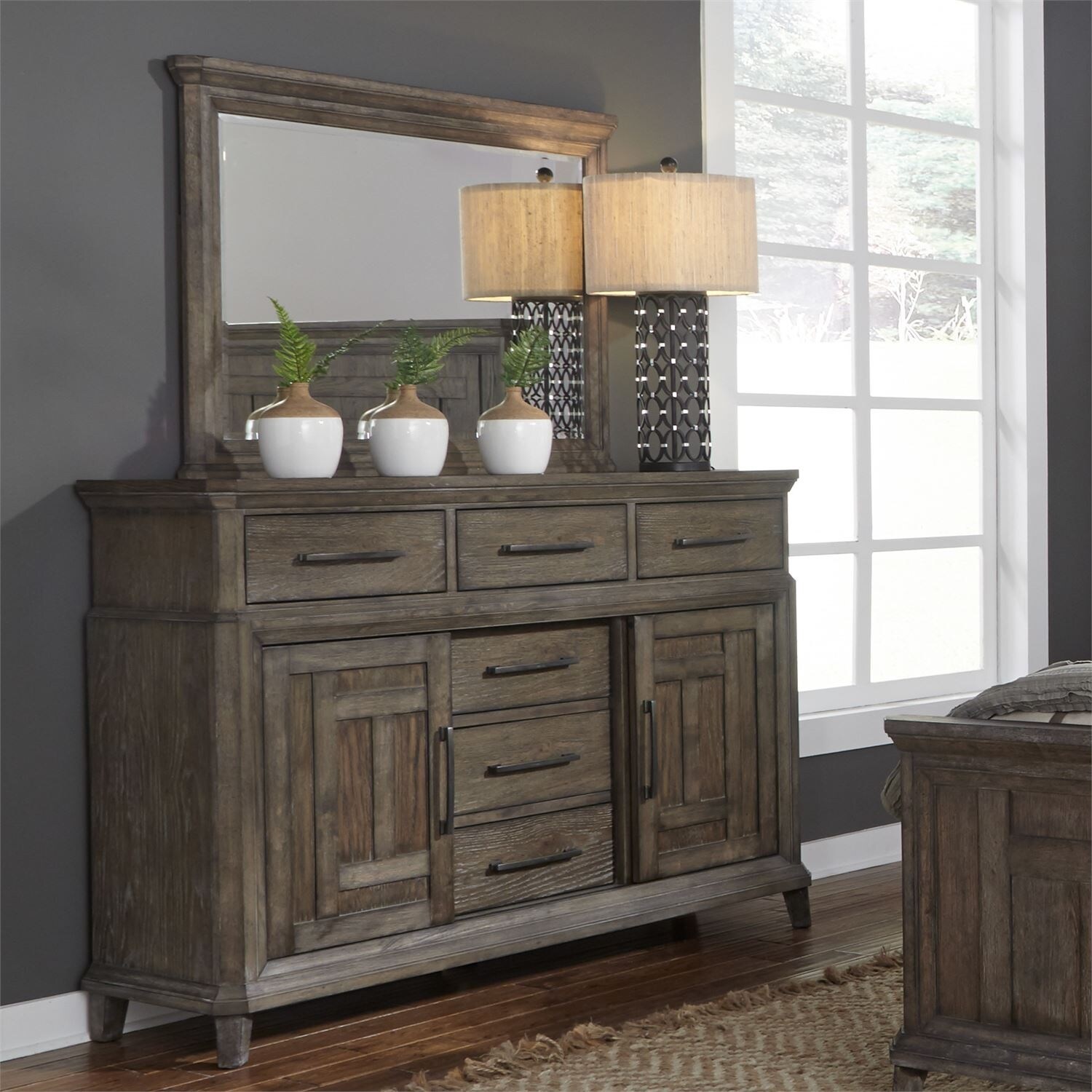 Copper Grove Letampon Artisan Wire-brushed Aged Oak 6-drawer and 2-door Dresser and Mirror
