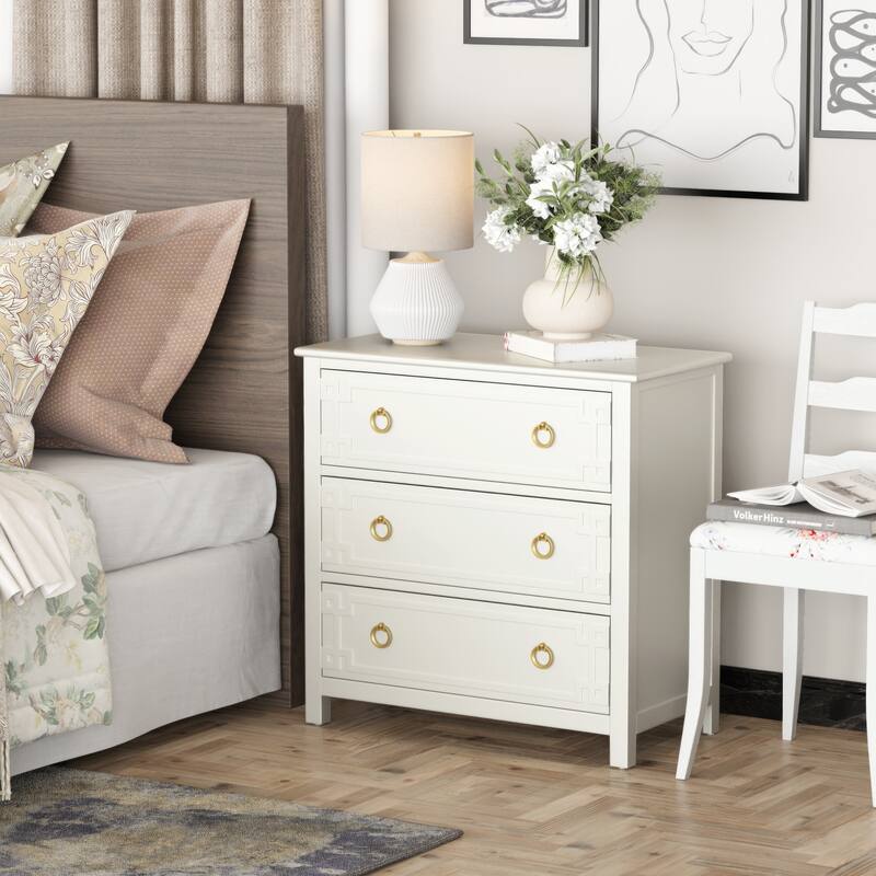 COZAYH Farmhouse 3-Drawer Dresser, Rustic Chest of Drawers with Embossed Geometric Lines, French Country, Fully-Assembled