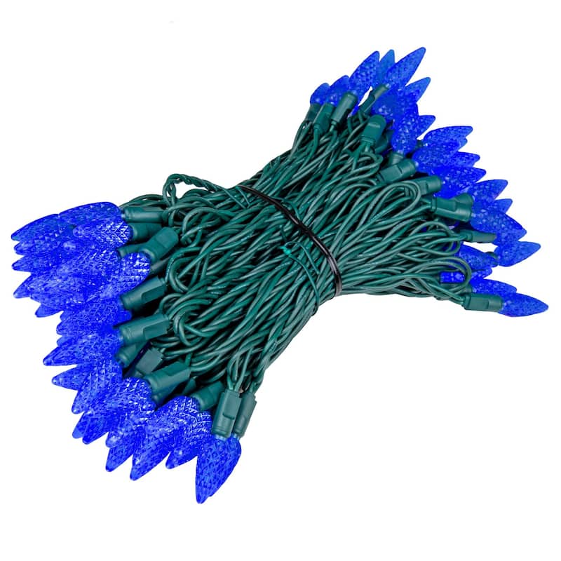 100 Light C6 LED Christmas Mini Light Set, Green Wire, 50 Feet - Blue