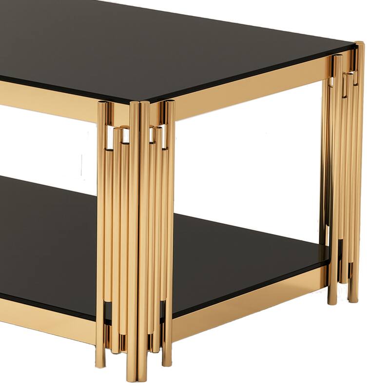 47"Rectangular Gold Glass Double-Layer Coffee Table, Black Tempered Glass Tabletop, Gold Stainless Steel Metal Legs