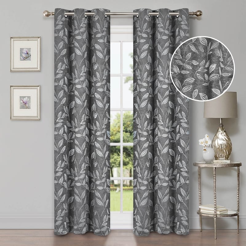 Superior Modern Bohemian Leaves Room Darkening Curtains with Grommets - 42" X 96" - Nickel Black