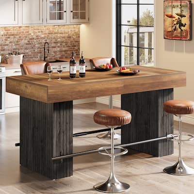 63-Inch Bar Table, Industrial Counter Height Pub Dining Table with Metal Footrest - Rustic Brown