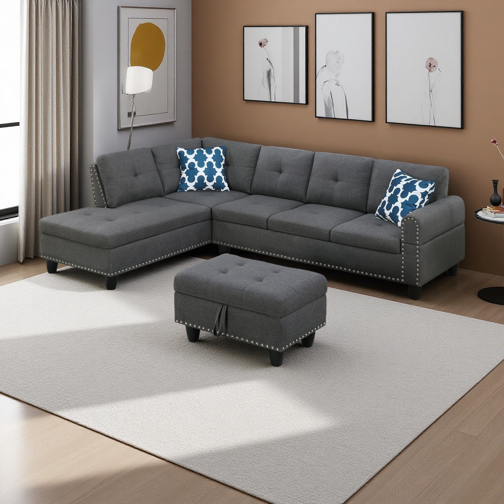 98" Faux Leather L-Shaped Sectional Sofa with Storage Ottoman and Cup Holders