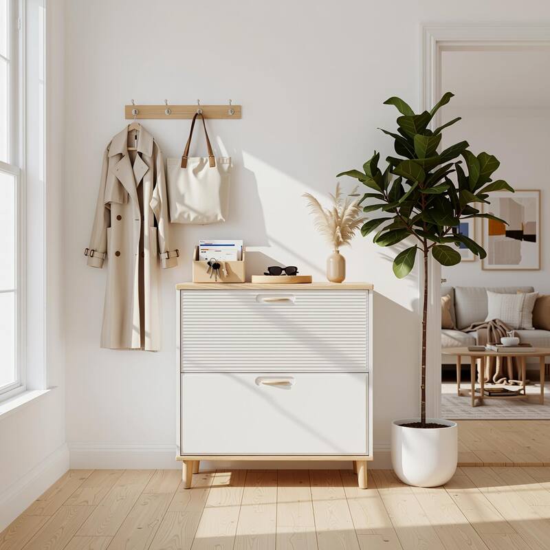 Homy Casa Compact Shoe Storage Bench 2 Flip Doors 2 Drawers, White