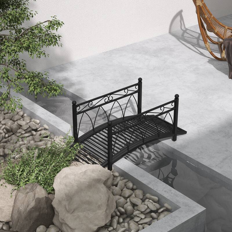 Outsunny 3.3' Metal Arch Zen Garden Bridge with Safety Siderails, Decorative Footbridge - Black