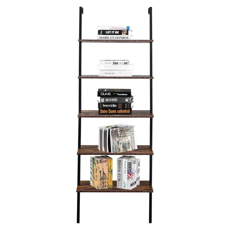 Wall Mounted Bookcase 5-Tier Open Ladder Shelf Bookshelf - Rustic Brown