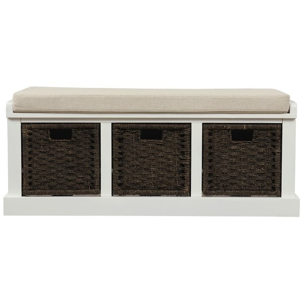 White Entryway Bench Storage With Basket And Removable Cushion Overstock 30992747