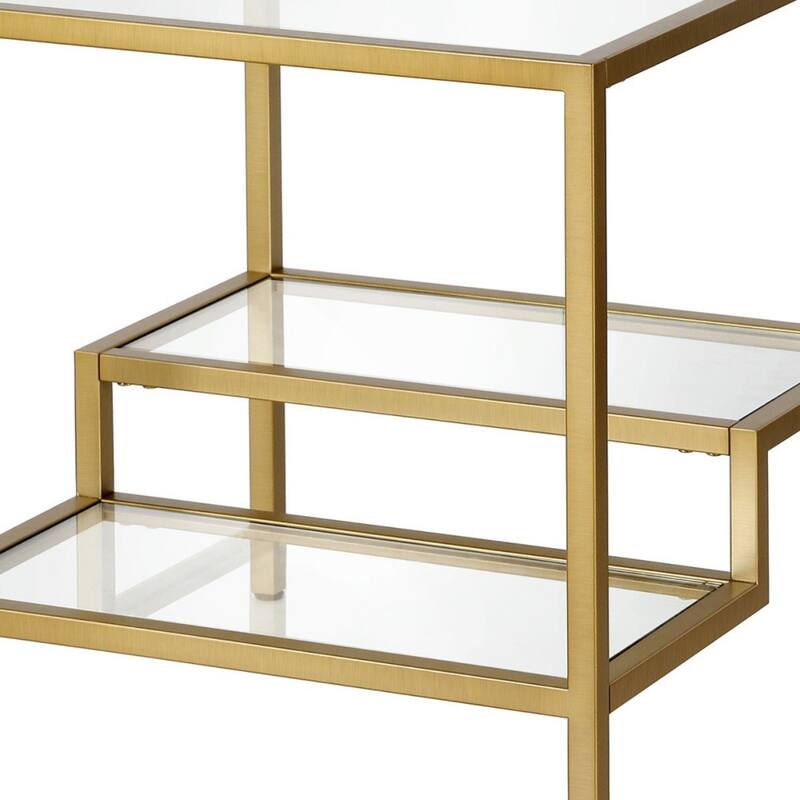 22" Glass and Steel Square End Table with Two Shelves - 22-inch H x 20-inch W x 20-inch D