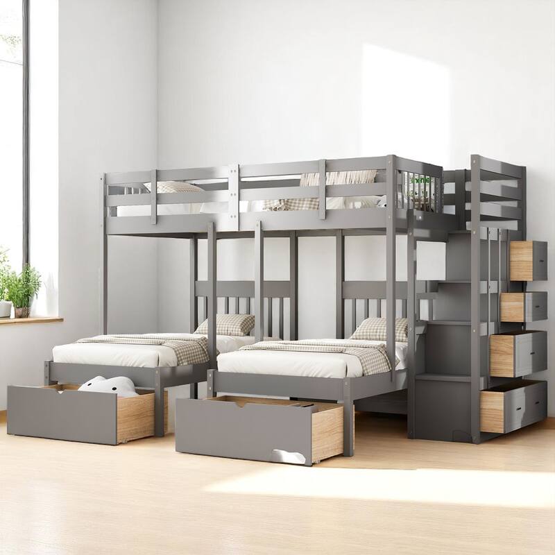 Wood Triple Bunk Bed Full Over Twin and Twin with Storage Drawers and Staircase, 600 lbs Capacity Top