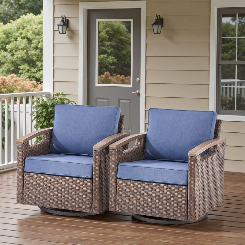 Pocassy Outdoor Brown Wicker Funitre with Cushion Set - Blue Cushion - Swivel Chairs Set of 2