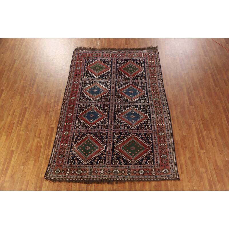 Hand Knotted Oriental 100% Wool Carpet Traditional Geometric Navy Blue & Blues Yalameh Area Rug - 10' 11'' X 7' 6''