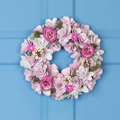 Wooden Floral Artificial Spring Wreath with Dried Foliage - 13.5" - Purple