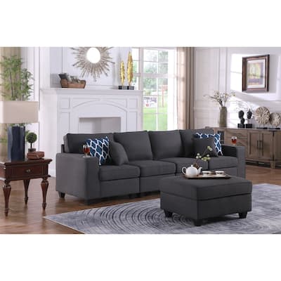 Linen Upholstered 4-Seater Sofa with Ottoman in Dark Gray