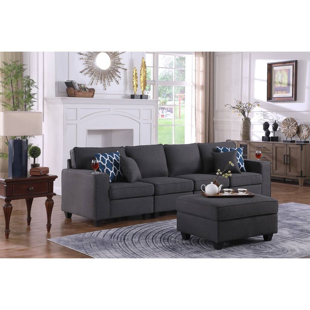 Linen Upholstered 4-Seater Sofa with Ottoman in Dark Gray
