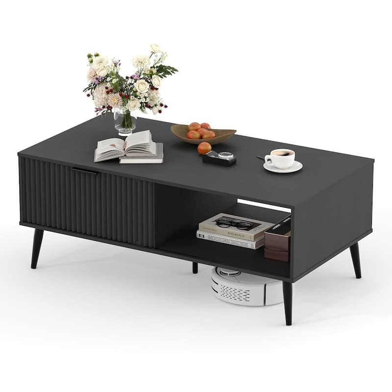 Coffee Table with Storage, 2-Tier Wooden Coffee Table with Sliding Door,