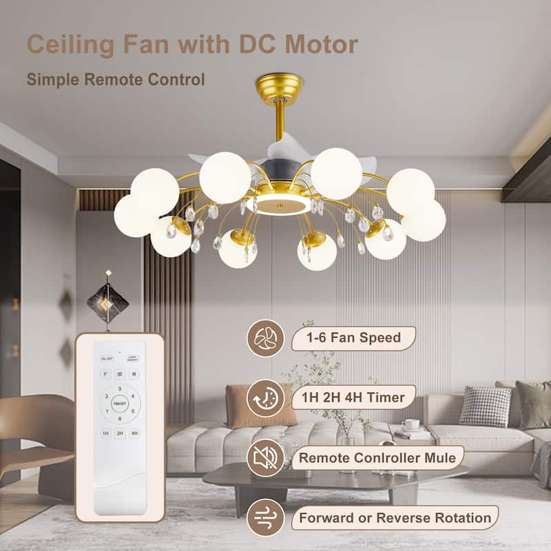 31in. Indoor Gold Modern Ceiling Fan with Light, Reversible Fandelier with Light Bulbs and Remote for Living Room