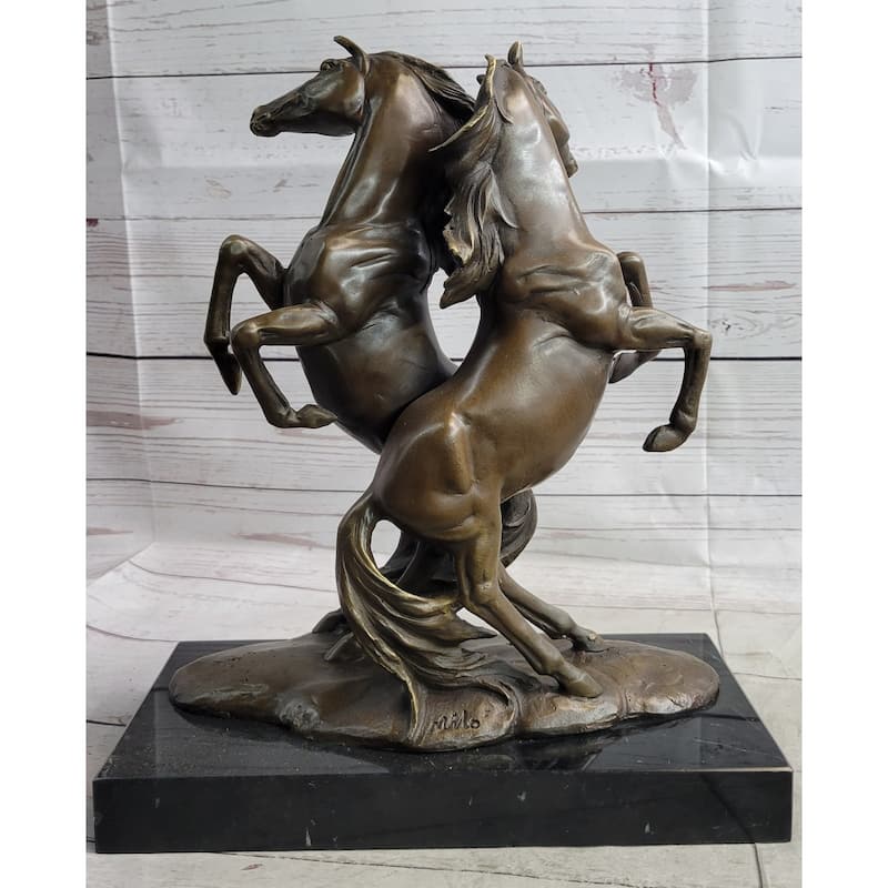 Two Rearing Stallions Horses Bronze Sculpture Statue Horse Lover Decor Signed Art On Marble Base