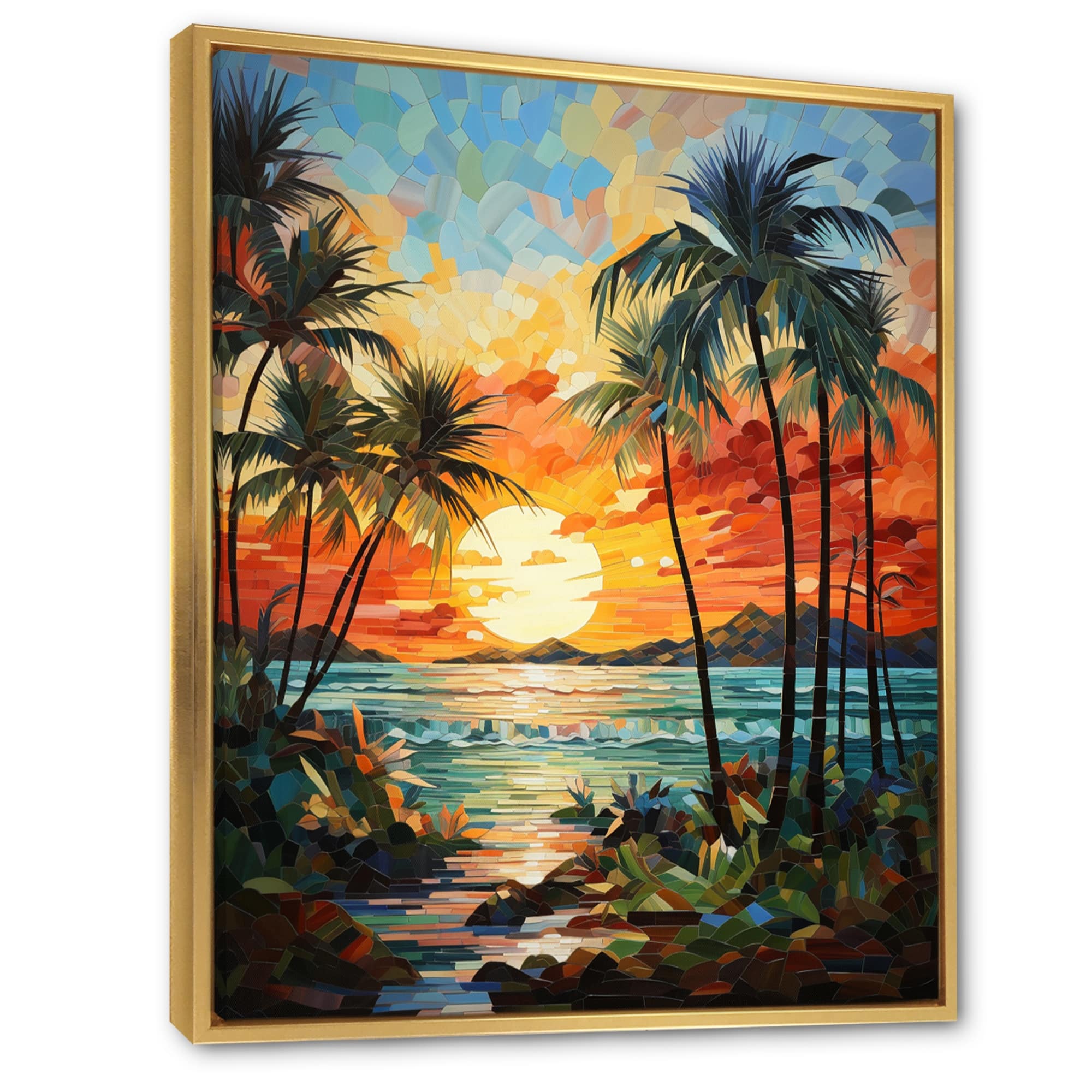 Designart “Orange Palm Trees Mosaic III” Palms & Palm Trees Framed