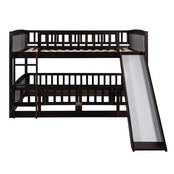 slide 2 of 44, Full Over Full Wooden Low Bunk Bed,Fence and Ladder for Toddler Kids Espresso
