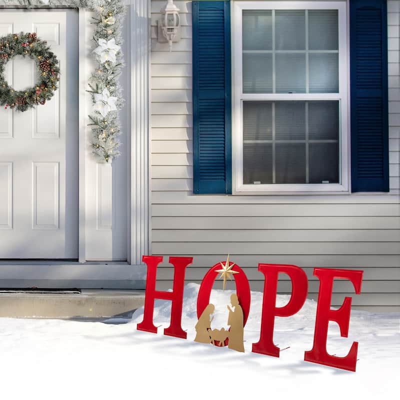 Glitzhome 32"H Lighted Metal HOPE Yard Stake Wall Decor with Timer (3 Functions) - Red