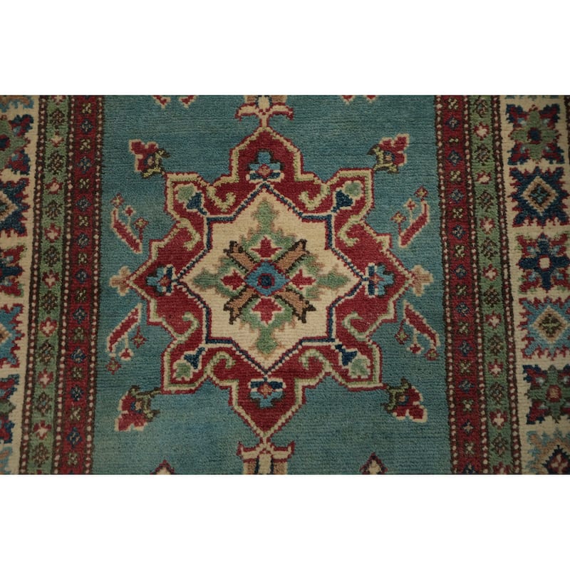 Hand Knotted Oriental 100% Wool Carpet Traditional Geometric Navy Blue & Blues Kazak Runner Rug - 9' 8'' X 2' 9''