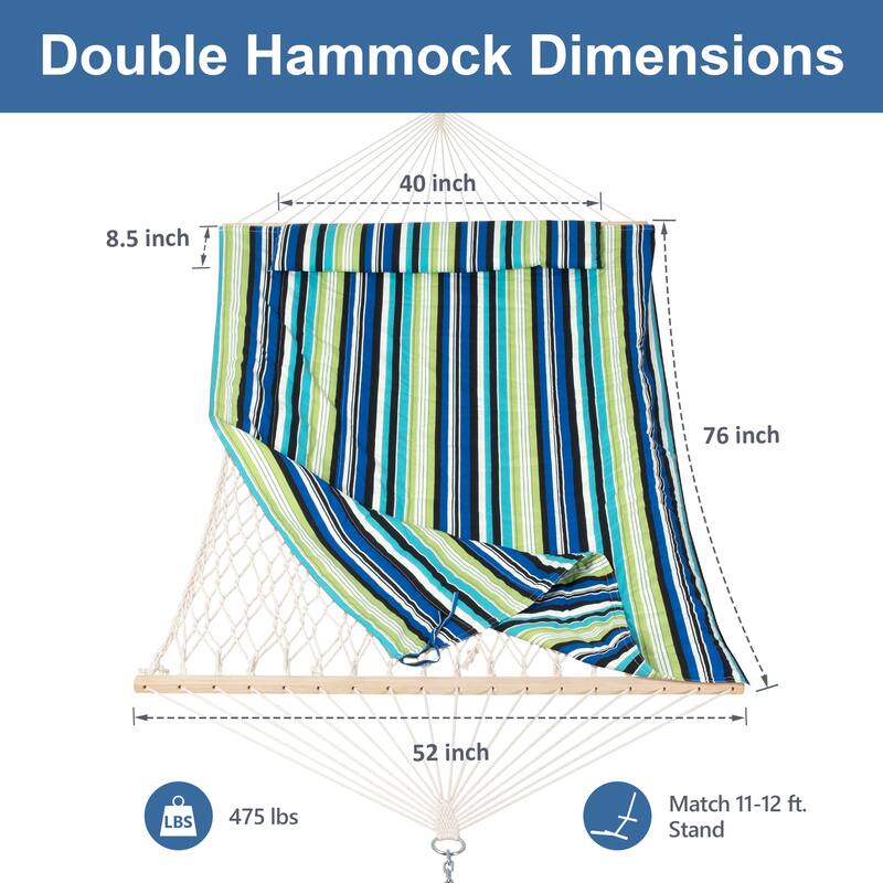 Durable 2 Person Rope Hammock with Polyester Quilted Pad and Pillow - 76*52