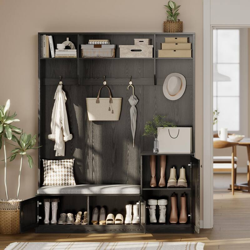 78.7 Inch Tall Hall Tree with Bench and Shoe Storage,Modern Entryway Bench with Coat Rack,4 Hanging Hooks