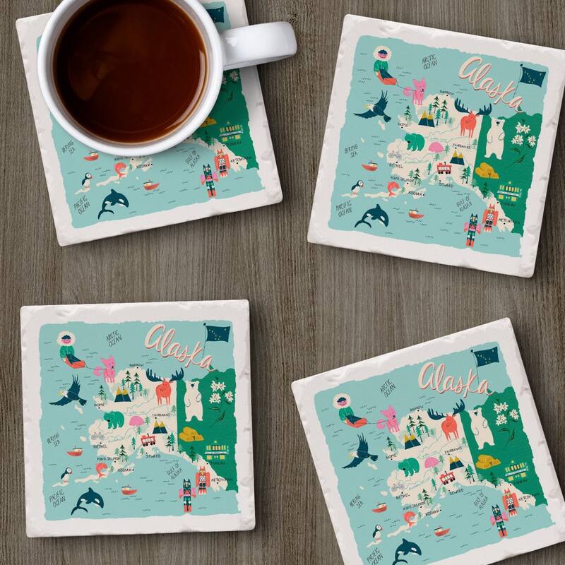 Alaska 4-Pack Absorbent Stone Coasters with Protective Cork Backing 4" Square Made in The USA Easily Wipes Clean