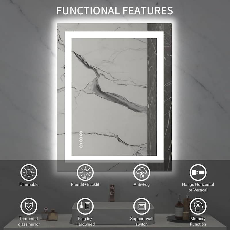 28x36 Inch Frameless LED Bathroom Mirror,Smart Mirror - White