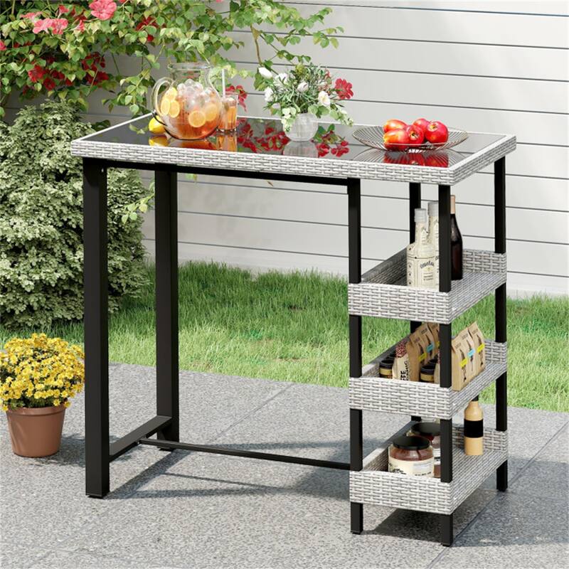 Courtyard Patio Bar Table with PE Rattan and 3 Storage Shelves - 43.5" x 22" x 41" - Grey