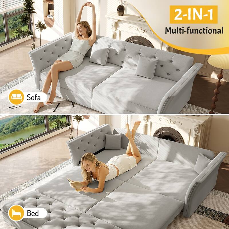 74.4" Velvet Sofa Bed, Pull-Out Sleeper Couch, Convertible Loveseat, Upholstered Sofa Bed with Tufted Backrest, Flared Arms